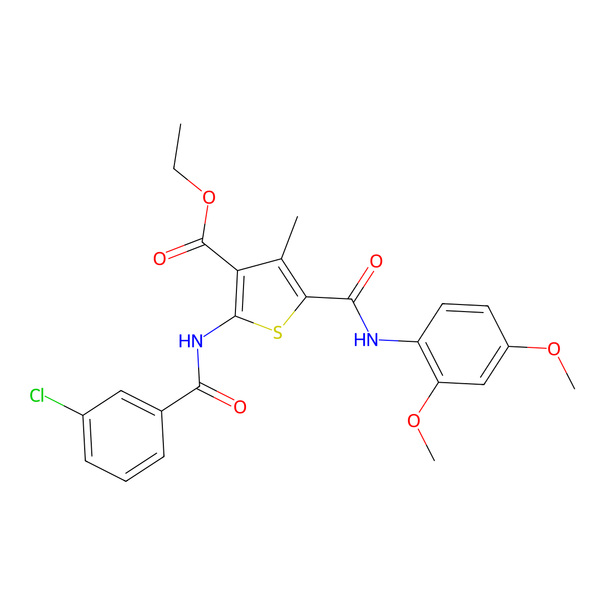 Ethyl 2-(3-chlorobenzamido)-5-[(2,4-dimethoxyphenyl)carbamoyl]-4-methylthiophene-3-carboxylate molecular structure, CAS 312698-17-2