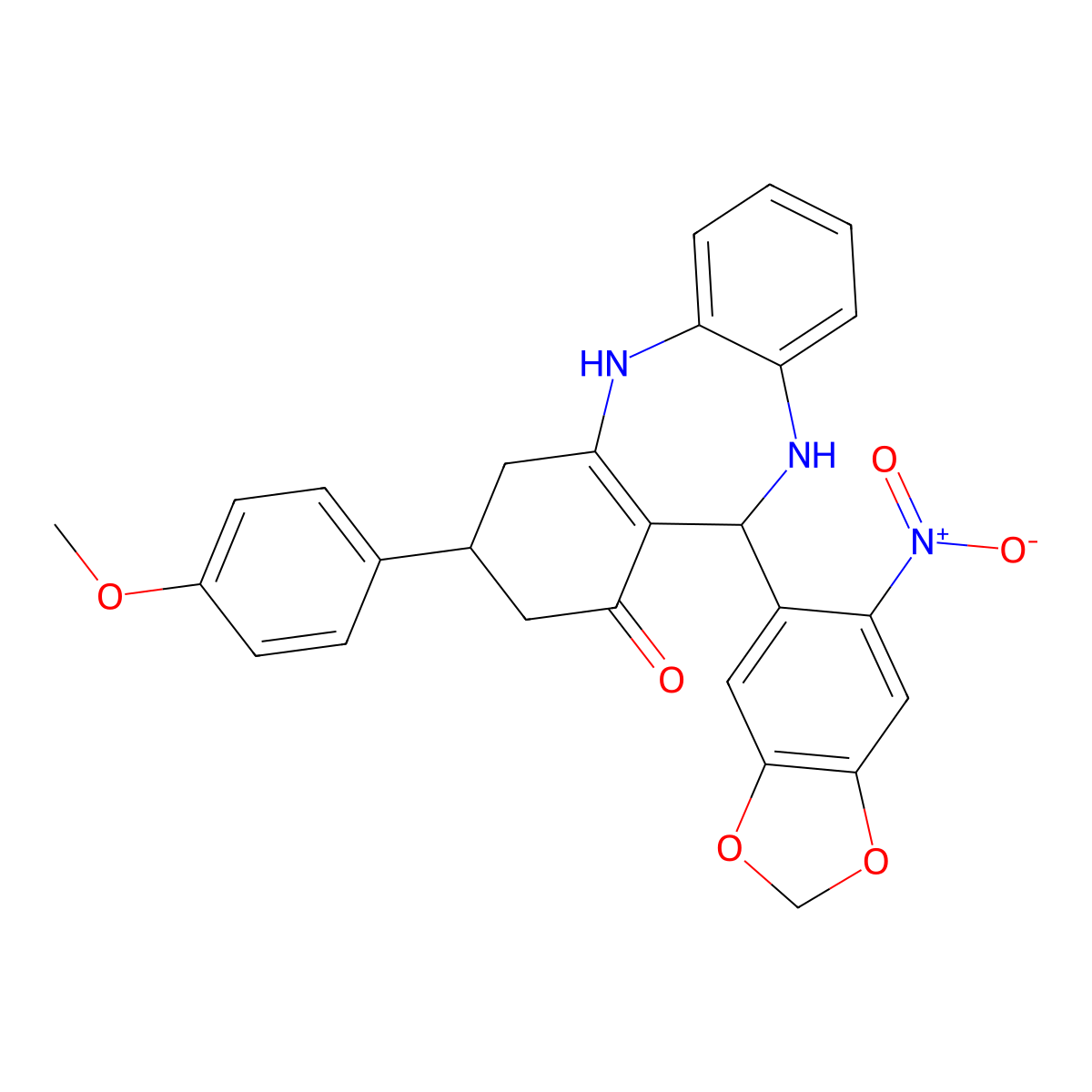 9-(4-Methoxyphenyl)-6-(6-nitro-1,3-benzodioxol-5-yl)-5,6,8,9,10,11-hexahydrobenzo[b][1,4]benzodiazepin-7-one molecular structure, CAS 312698-31-0