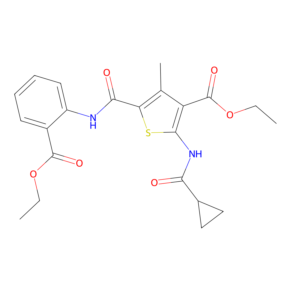 Ethyl 2-cyclopropaneamido-5-{[2-(ethoxycarbonyl)phenyl]carbamoyl}-4-methylthiophene-3-carboxylate molecular structure, CAS 312698-32-1
