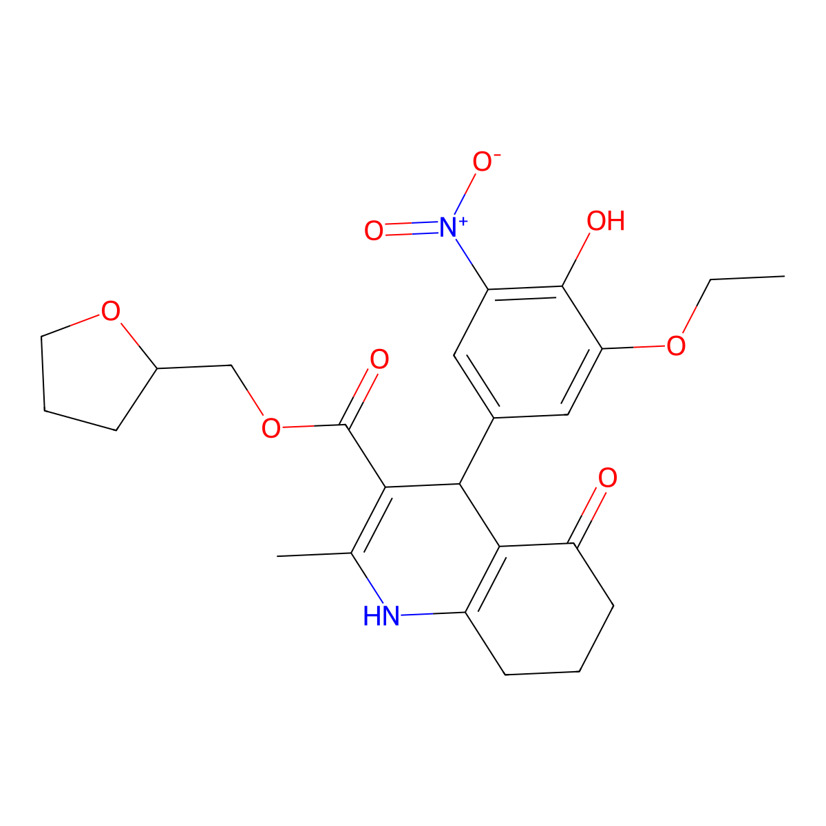 Tetrahydrofuran-2-ylmethyl 4-(3-ethoxy-4-hydroxy-5-nitrophenyl)-2-methyl-5-oxo-1,4,5,6,7,8-hexahydroquinoline-3-carboxylate molecular structure, CAS 312698-38-7