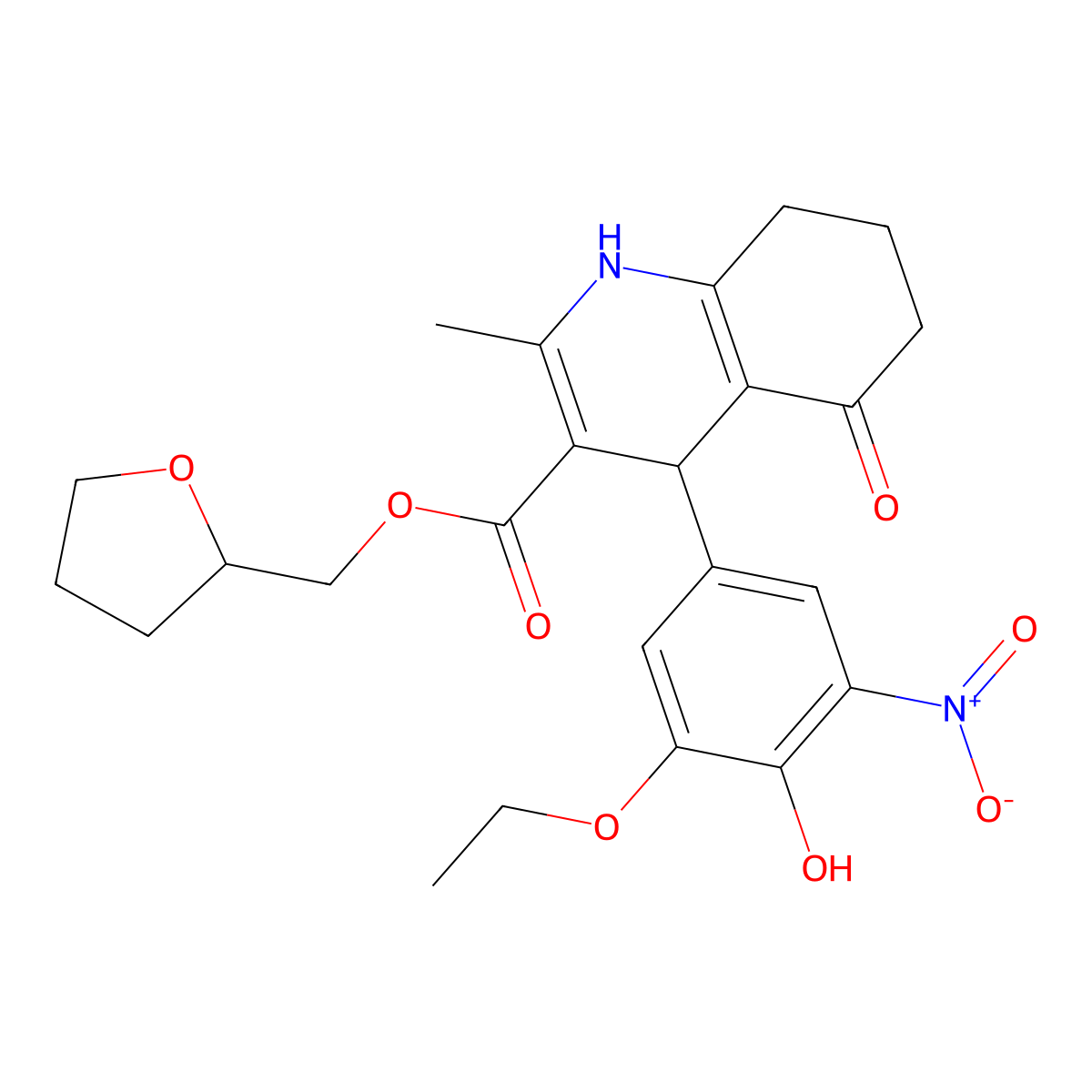 Tetrahydrofuran-2-ylmethyl 4-(3-ethoxy-4-hydroxy-5-nitrophenyl)-2-methyl-5-oxo-1,4,5,6,7,8-hexahydroquinoline-3-carboxylate molecular structure, CAS 312698-38-7