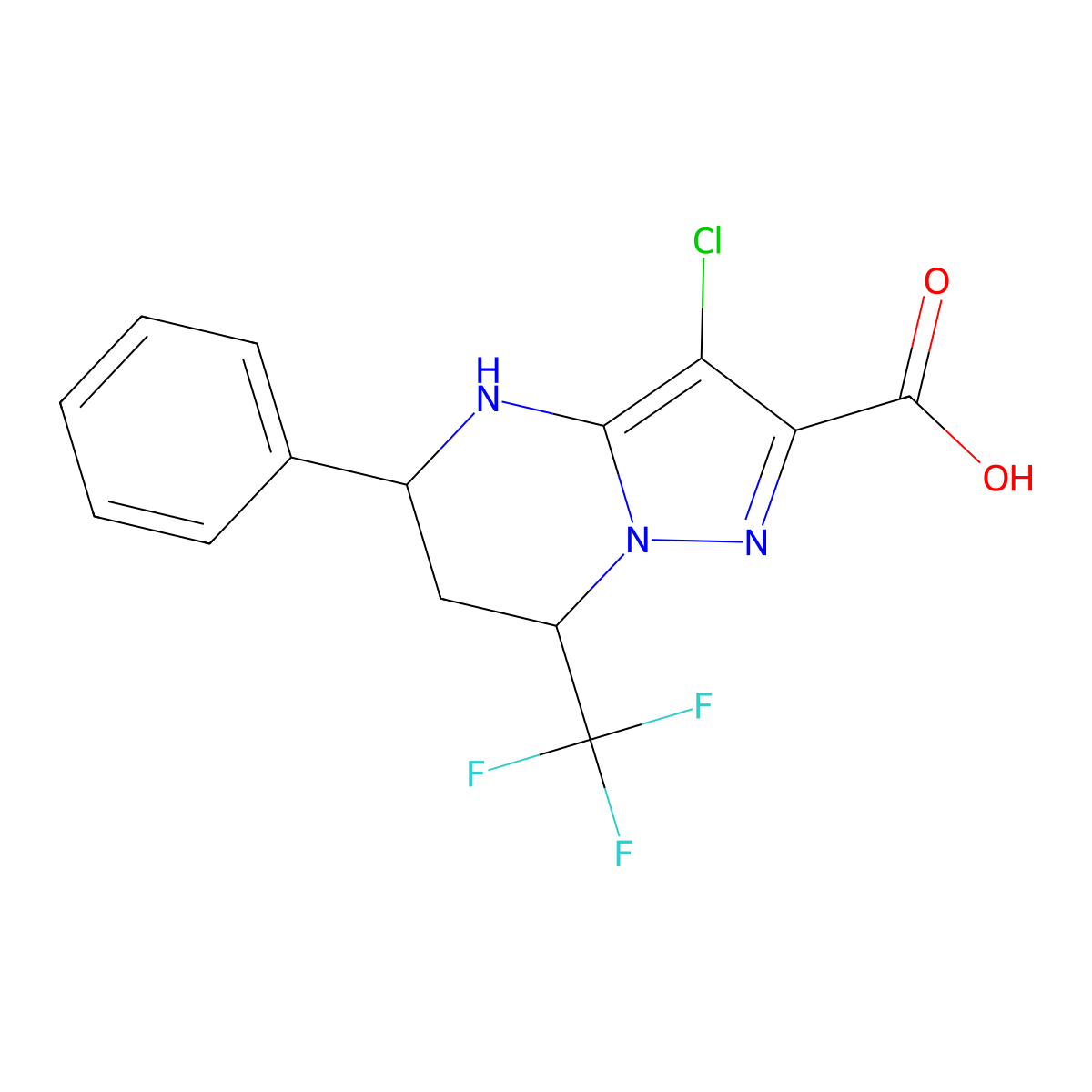 3-Chloro-5-phenyl-7-(trifluoromethyl)-4,5,6,7-tetrahydropyrazolo[1,5-a]pyrimidine-2-carboxylic acid molecular structure, CAS 312699-22-2