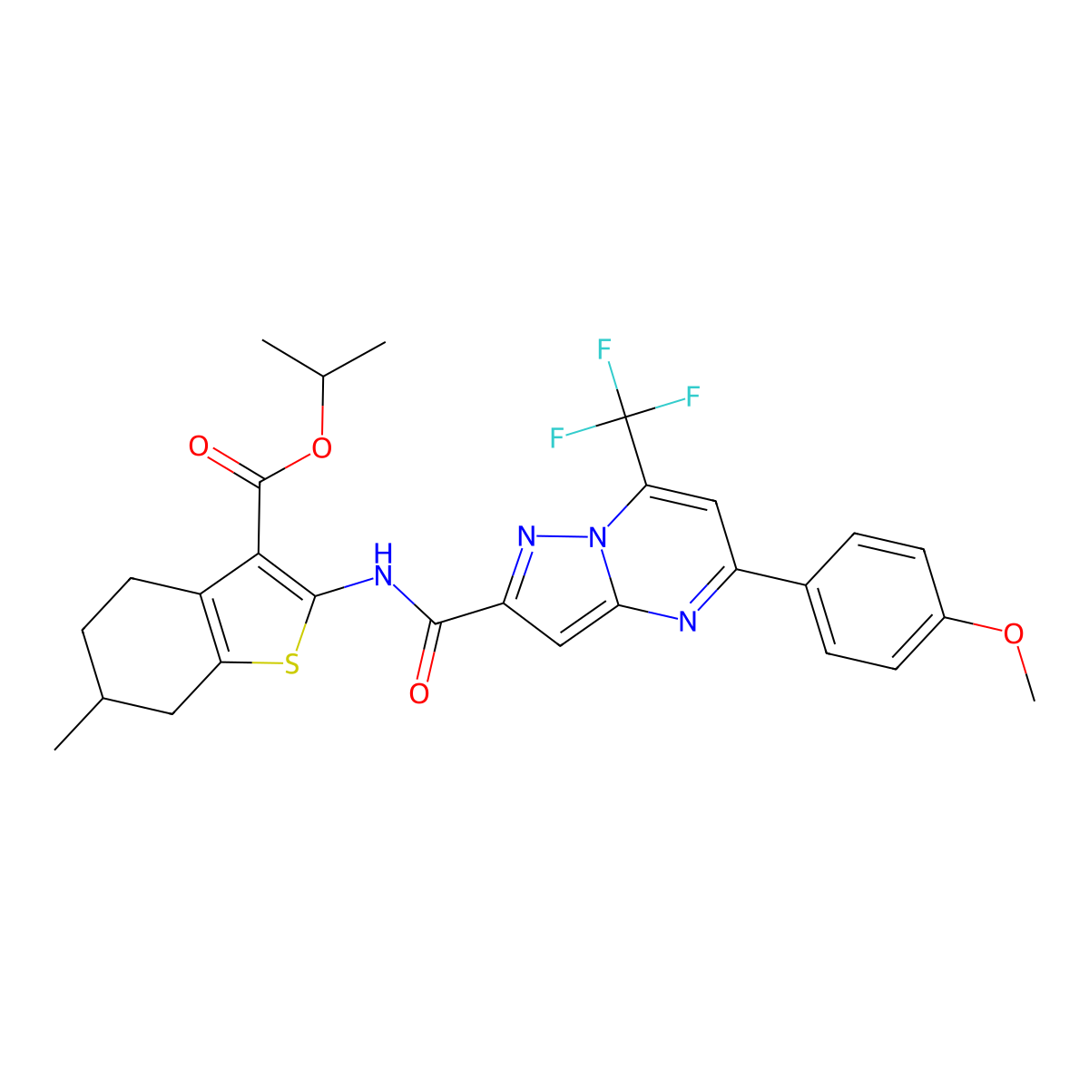 1-Methylethyl 4,5,6,7-tetrahydro-2-[[[5-(4-methoxyphenyl)-7-(trifluoromethyl)pyrazolo[1,5-a]pyrimidin-2-yl]carbonyl]amino]-6-methylbenzo[b]thiophene-3-carboxylate molecular structure, CAS 312699-23-3