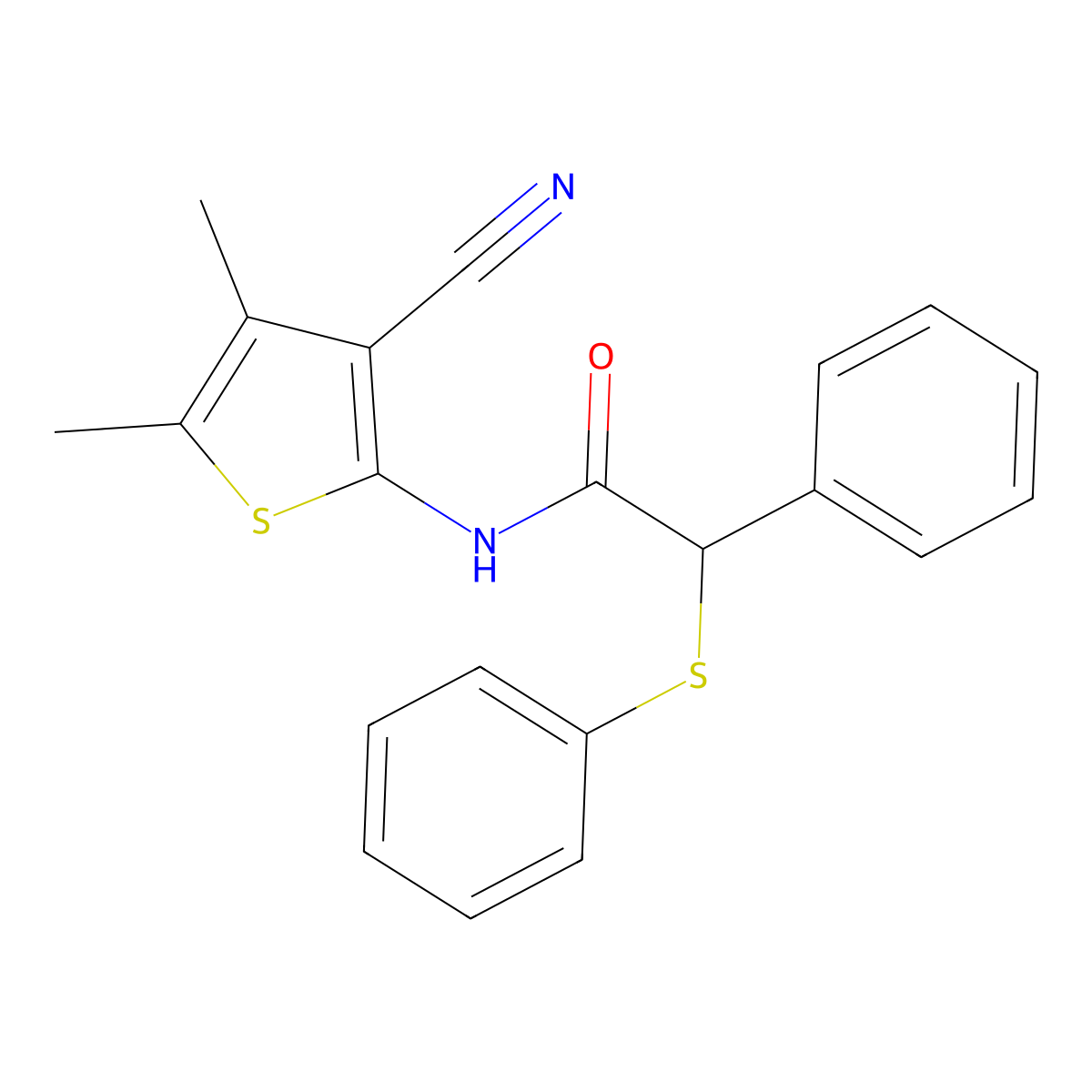 N-(3-cyano-4,5-dimethylthiophen-2-yl)-2-phenyl-2-phenylsulfanylacetamide molecular structure, CAS 312703-95-0