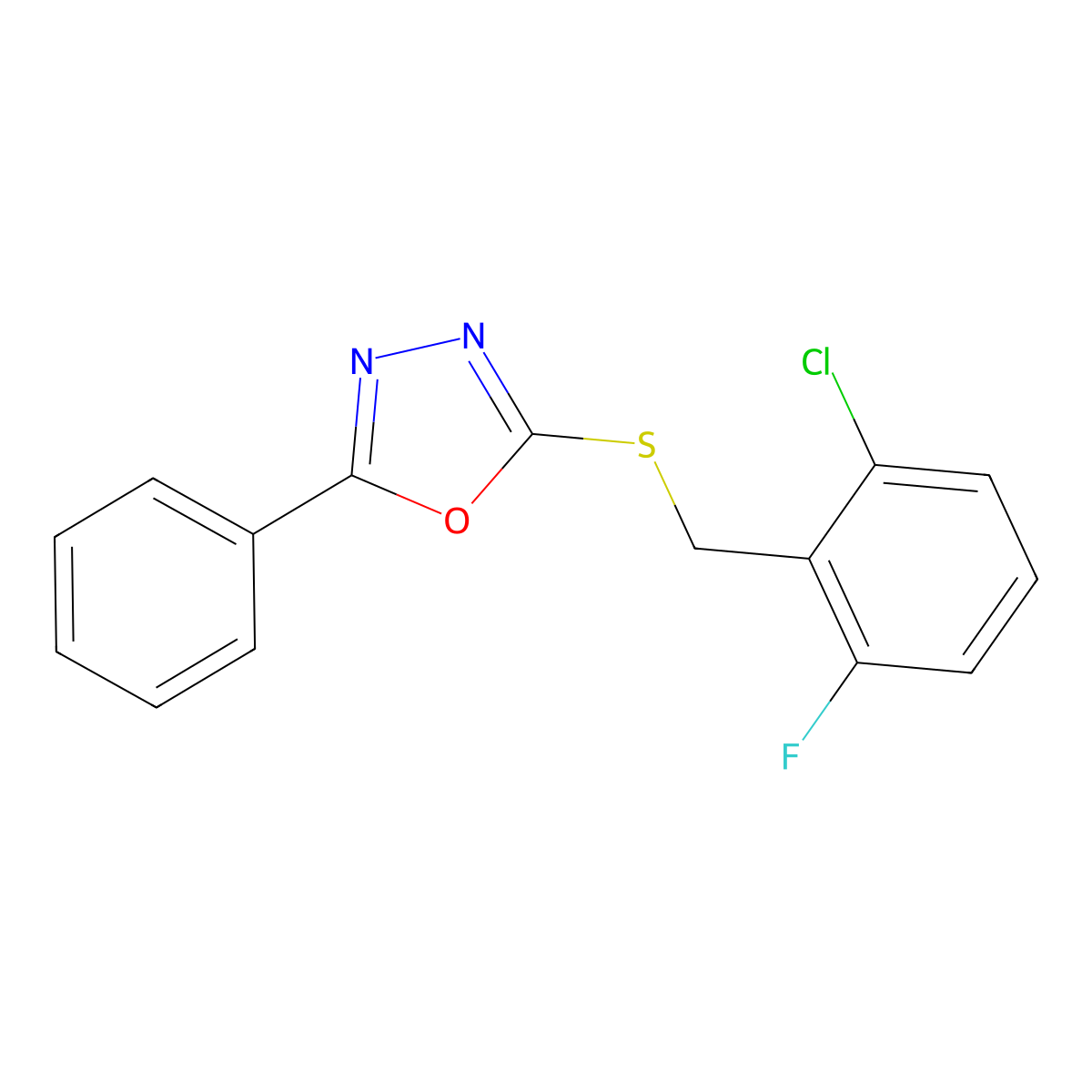 2-[(2-Chloro-6-fluorophenyl)methylsulfanyl]-5-phenyl-1,3,4-oxadiazole molecular structure, CAS 312705-29-6