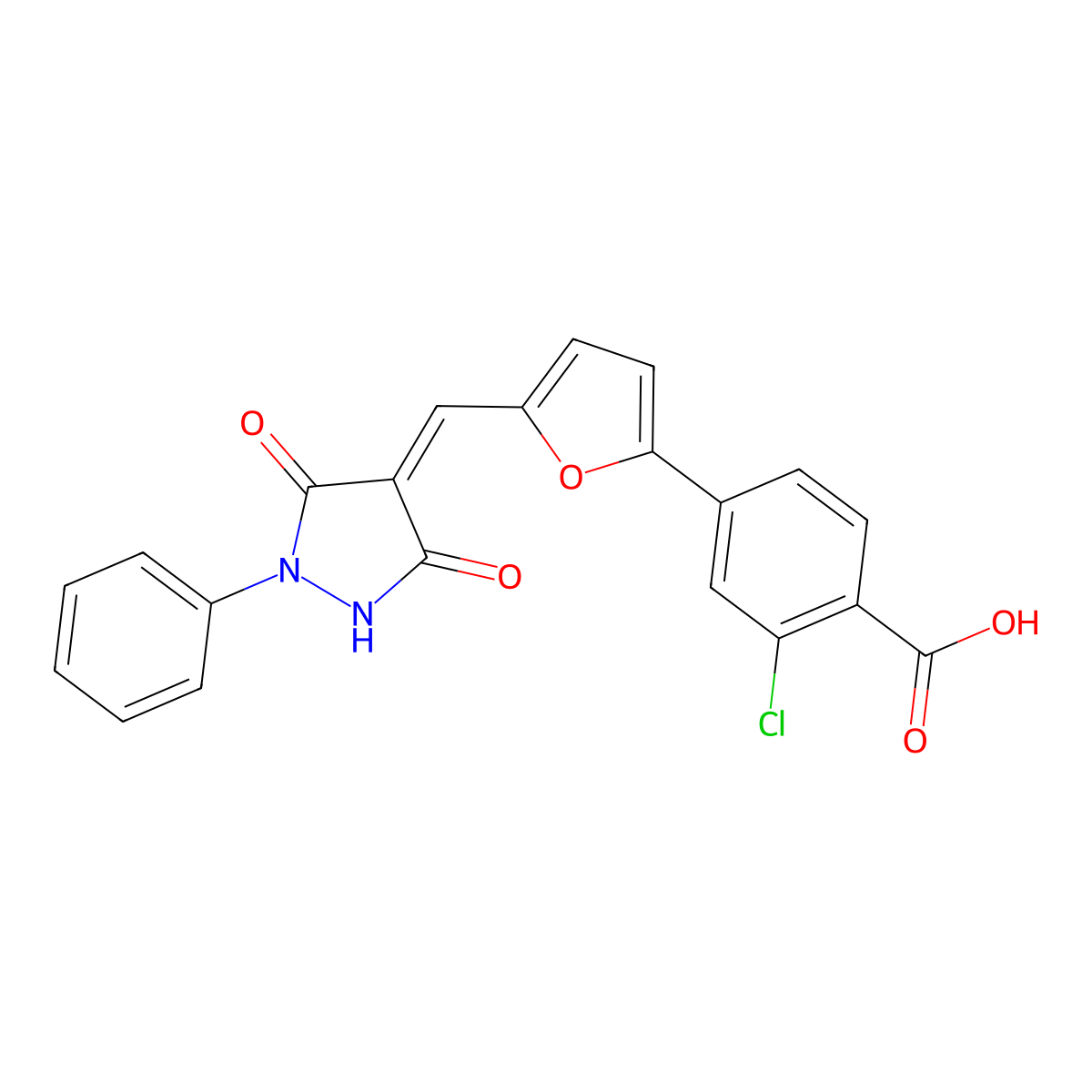 2-Chloro-4-{5-[(3,5-dioxo-1-phenyl-4-pyrazolidinylidene)methyl]-2-furyl}benzoic acid molecular structure, CAS 312706-34-6