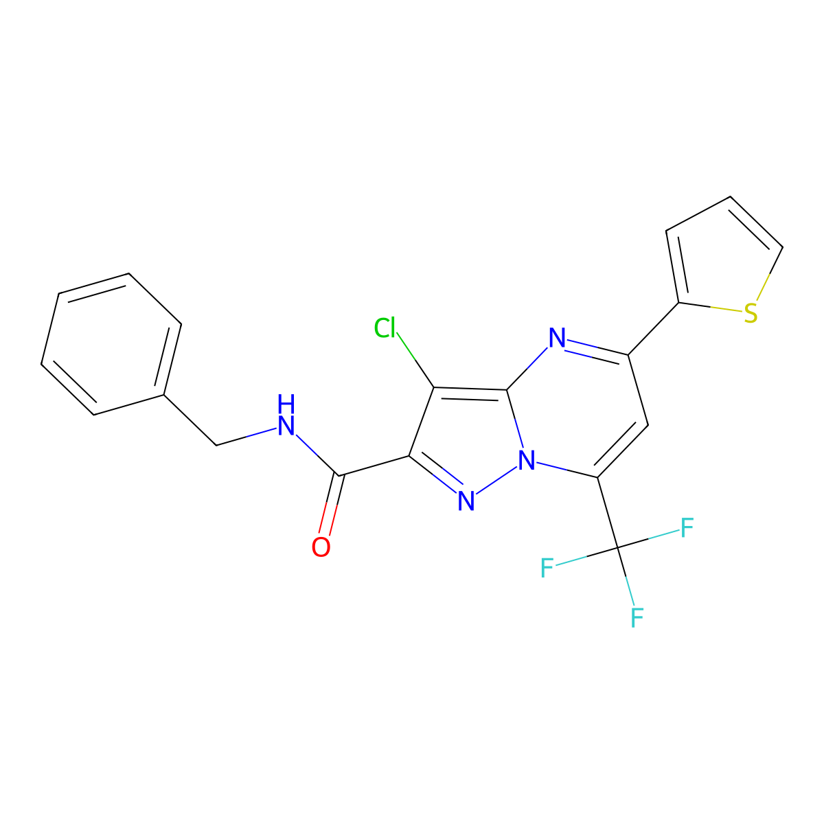 N-benzyl-3-chloro-5-thiophen-2-yl-7-(trifluoromethyl)pyrazolo[1,5-a]pyrimidine-2-carboxamide molecular structure, CAS 312708-01-3