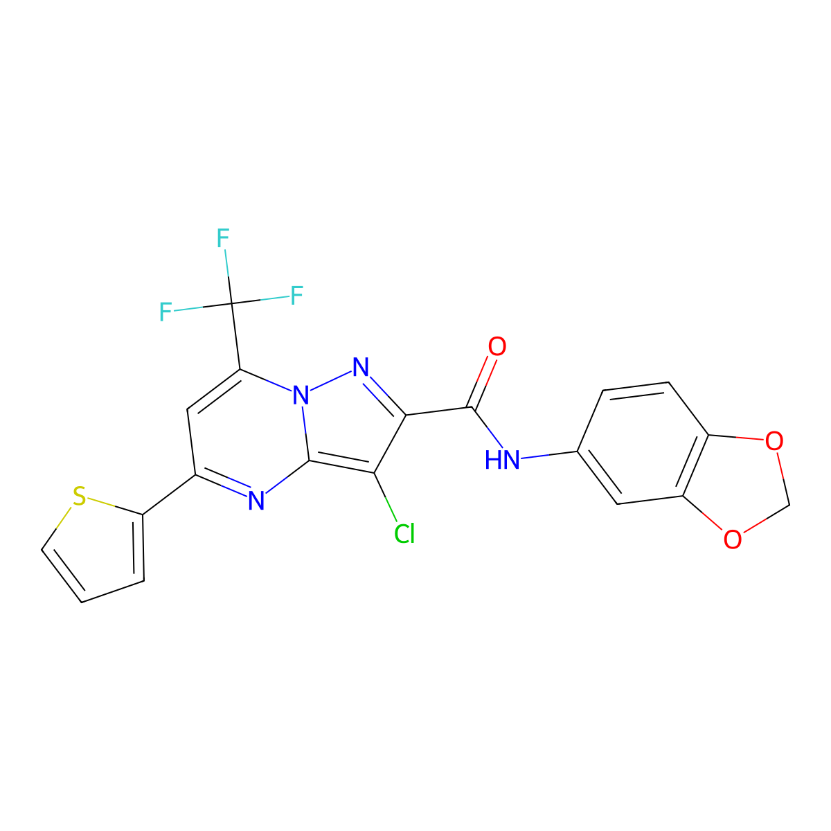 N-(1,3-benzodioxol-5-yl)-3-chloro-5-(thiophen-2-yl)-7-(trifluoromethyl)pyrazolo[1,5-a]pyrimidine-2-carboxamide molecular structure, CAS 312708-14-8