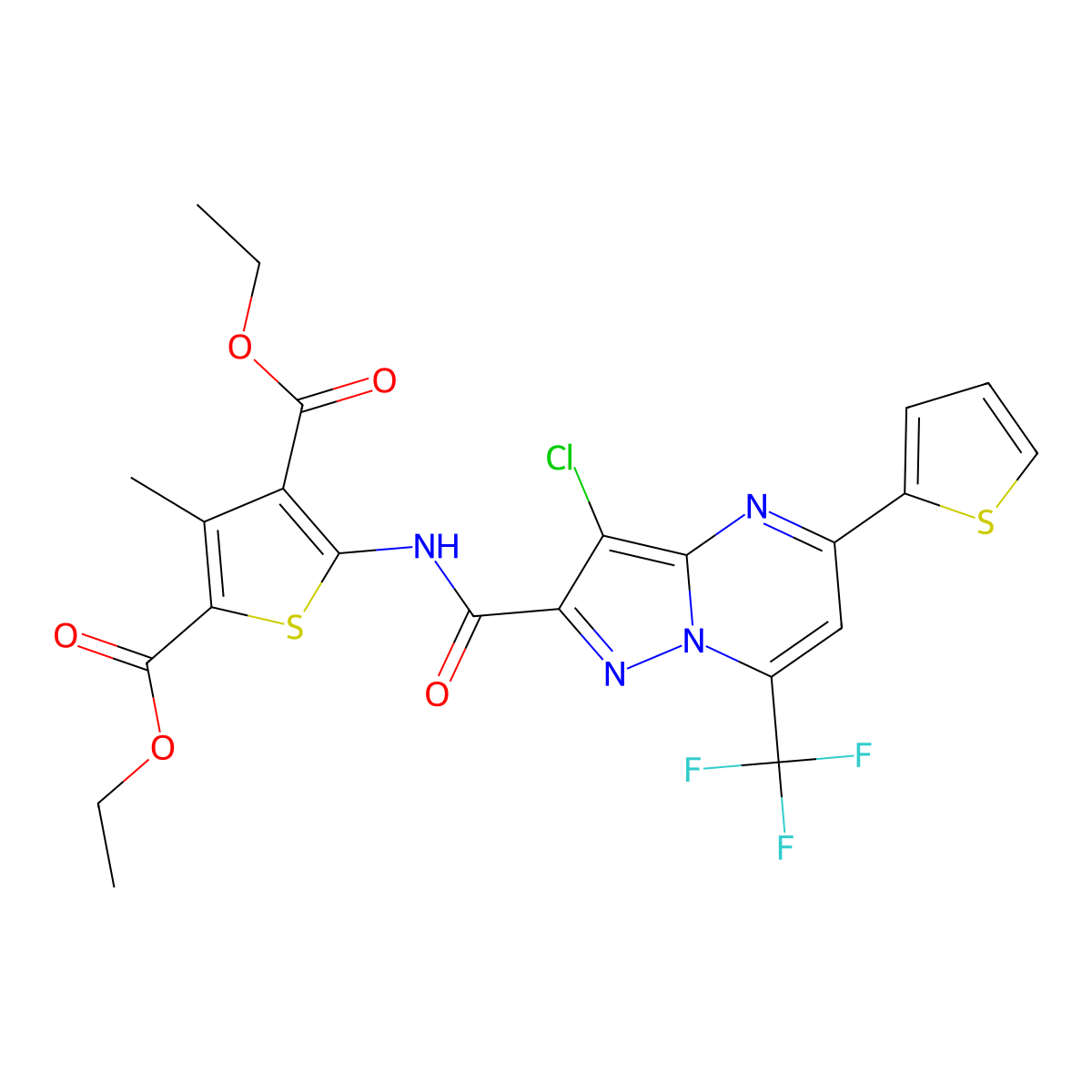 Diethyl 5-[[3-chloro-5-thiophen-2-yl-7-(trifluoromethyl)pyrazolo[1,5-a]pyrimidine-2-carbonyl]amino]-3-methylthiophene-2,4-dicarboxylate molecular structure, CAS 312708-23-9