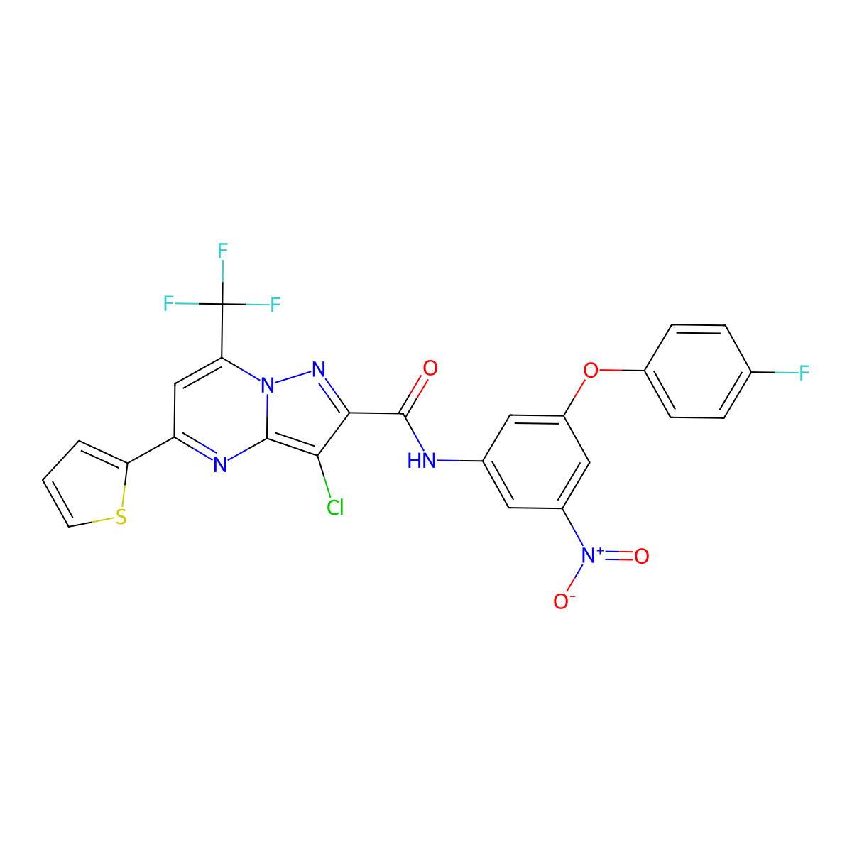 3-chloro-N-[3-(4-fluorophenoxy)-5-nitrophenyl]-5-thiophen-2-yl-7-(trifluoromethyl)pyrazolo[1,5-a]pyrimidine-2-carboxamide molecular structure, CAS 312708-24-0