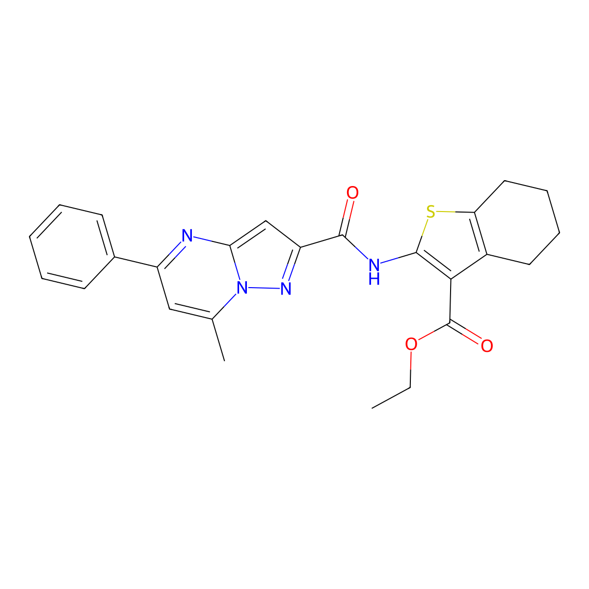 Ethyl 2-{[(7-methyl-5-phenylpyrazolo[1,5-a]pyrimidin-2-yl)carbonyl]amino}-4,5,6,7-tetrahydro-1-benzothiophene-3-carboxylate molecular structure, CAS 312708-26-2