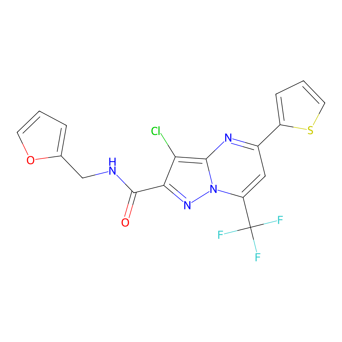 3-chloro-N-(furan-2-ylmethyl)-5-thiophen-2-yl-7-(trifluoromethyl)pyrazolo[1,5-a]pyrimidine-2-carboxamide molecular structure, CAS 312718-50-6