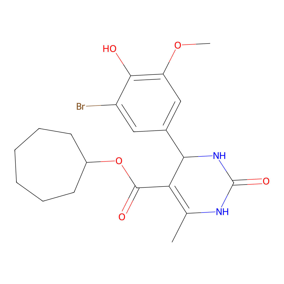 Cycloheptyl 4-(3-bromo-4-hydroxy-5-methoxyphenyl)-6-methyl-2-oxo-1,2,3,4-tetrahydropyrimidine-5-carboxylate molecular structure, CAS 312719-09-8