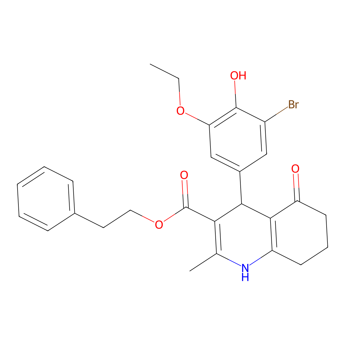 2-Phenylethyl 4-(3-bromo-5-ethoxy-4-hydroxyphenyl)-2-methyl-5-oxo-1,4,5,6,7,8-hexahydroquinoline-3-carboxylate molecular structure, CAS 312723-17-4