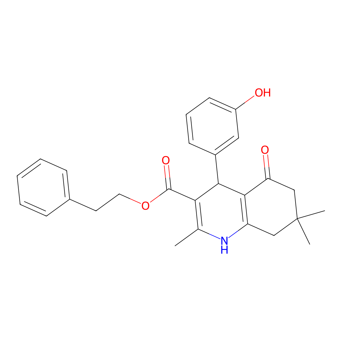 2-Phenylethyl 4-(3-hydroxyphenyl)-2,7,7-trimethyl-5-oxo-1,4,5,6,7,8-hexahydroquinoline-3-carboxylate molecular structure, CAS 312723-32-3