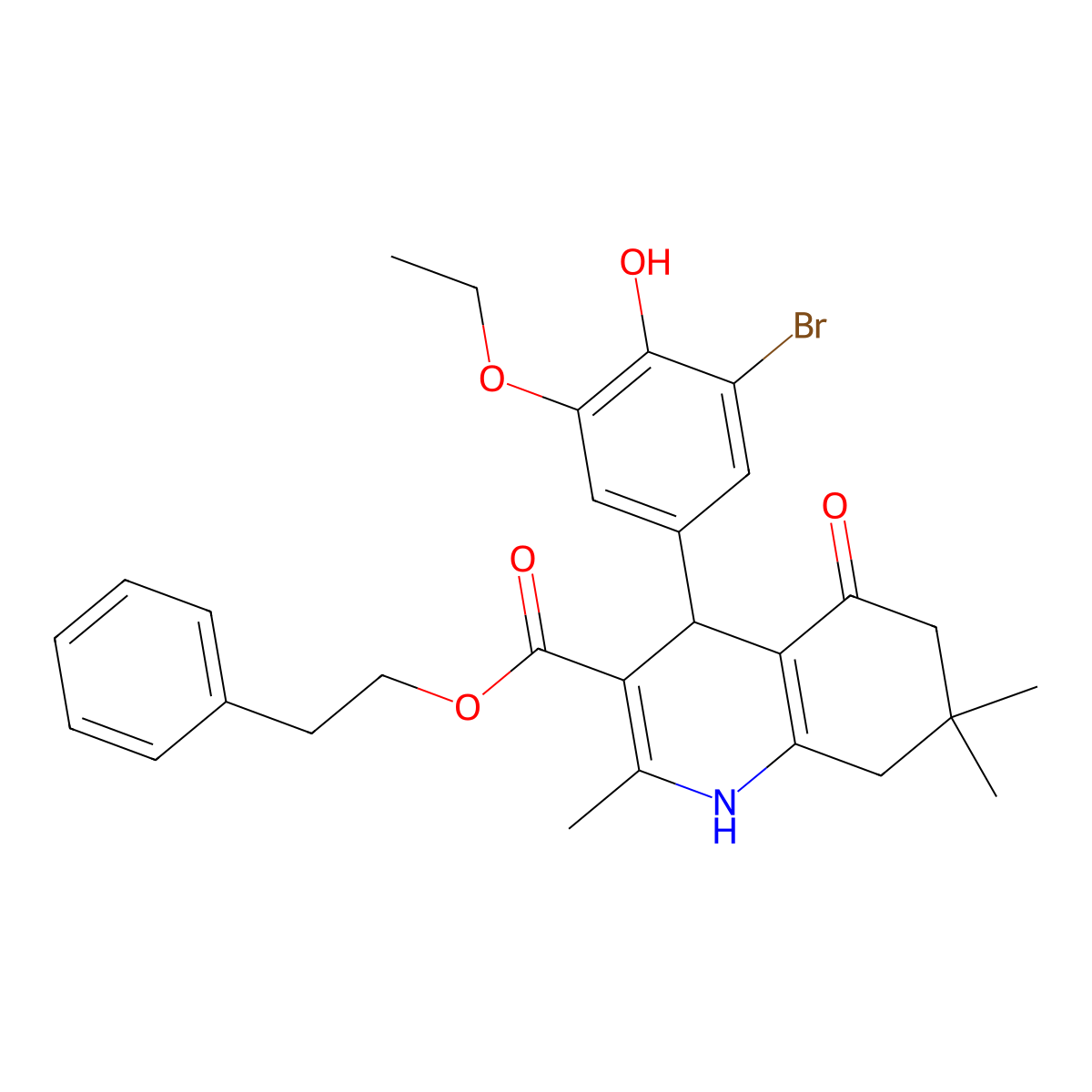 2-Phenylethyl 4-(3-bromo-5-ethoxy-4-hydroxyphenyl)-2,7,7-trimethyl-5-oxo-1,4,5,6,7,8-hexahydro-3-quinolinecarboxylate molecular structure, CAS 312723-35-6