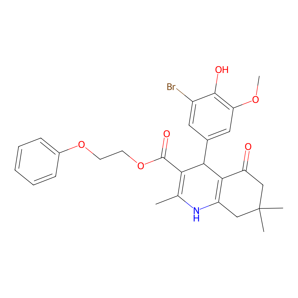 2-Phenoxyethyl 4-(3-bromo-4-hydroxy-5-methoxyphenyl)-2,7,7-trimethyl-5-oxo-1,4,5,6,7,8-hexahydroquinoline-3-carboxylate molecular structure, CAS 312723-50-5