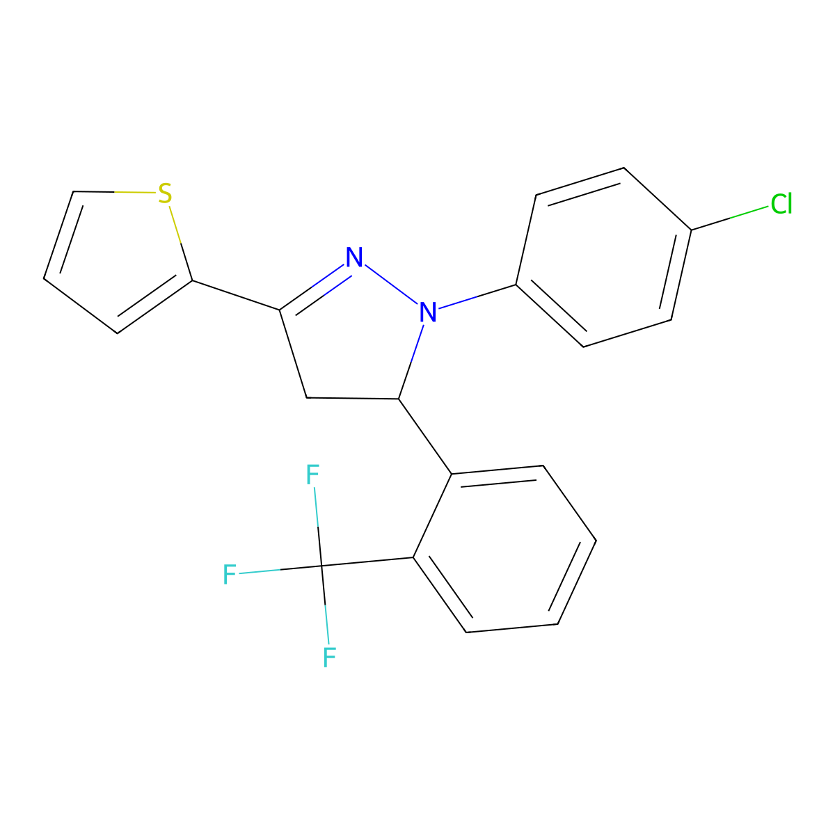 1-(4-chlorophenyl)-3-(2-thienyl)-5-[2-(trifluoromethyl)phenyl]-4,5-dihydro-1H-pyrazole molecular structure, CAS 312733-92-9