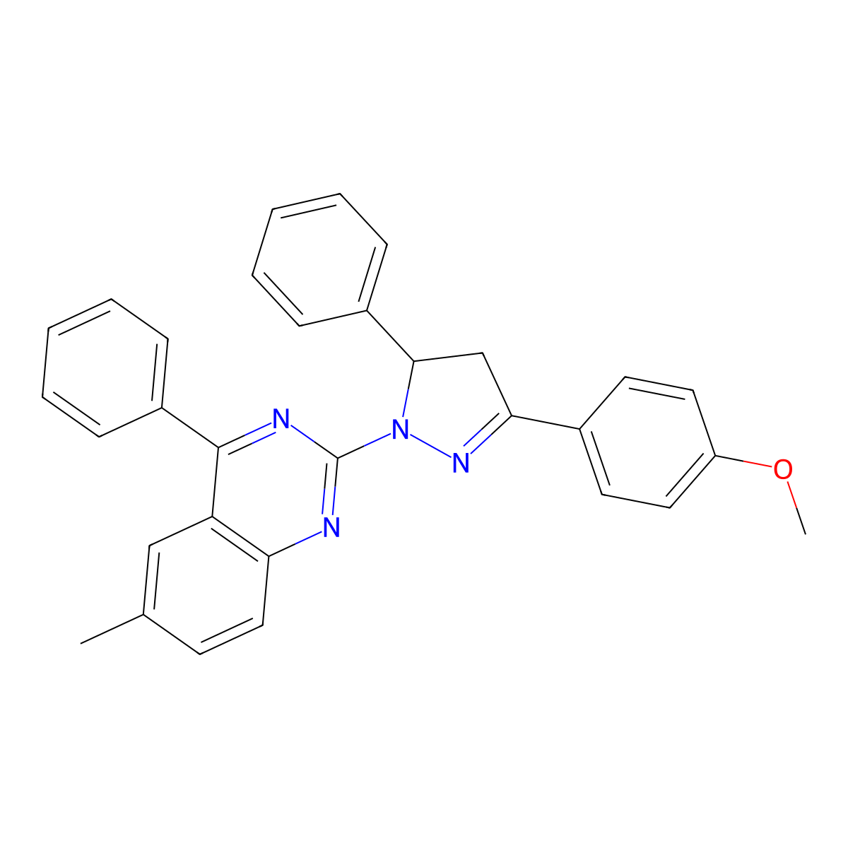 2-[3-(4-methoxyphenyl)-5-phenyl-4,5-dihydro-1H-pyrazol-1-yl]-6-methyl-4-phenylquinazoline molecular structure, CAS 312734-01-3