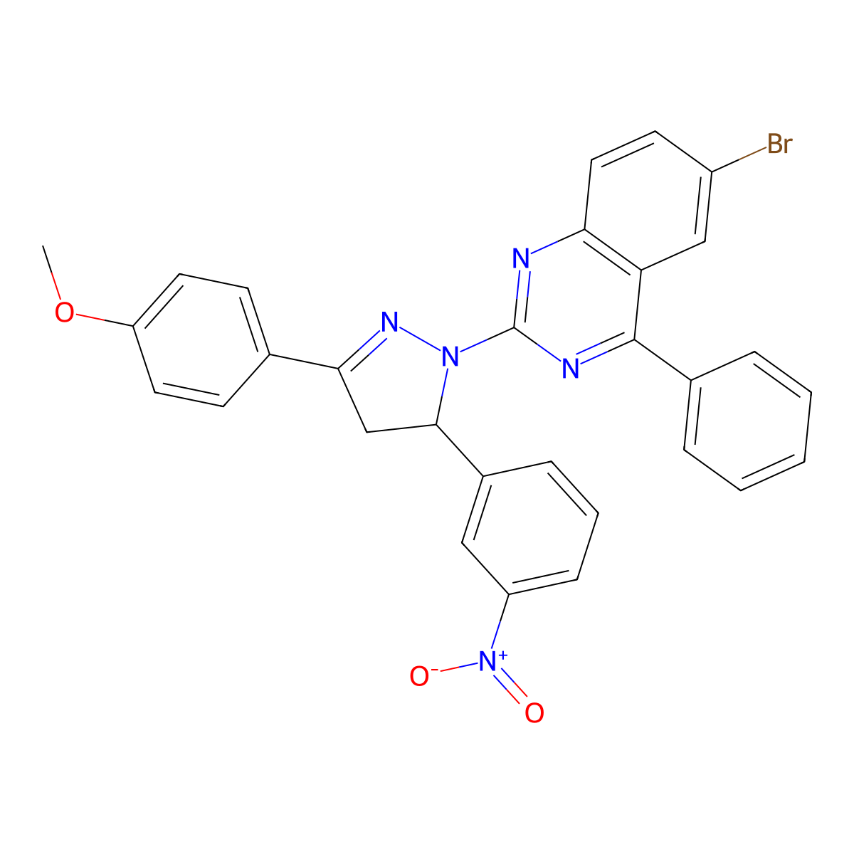 6-bromo-2-(3-(4-methoxyphenyl)-5-(3-nitrophenyl)-4,5-dihydro-1H-pyrazol-1-yl)-4-phenylquinazoline molecular structure, CAS 312734-04-6