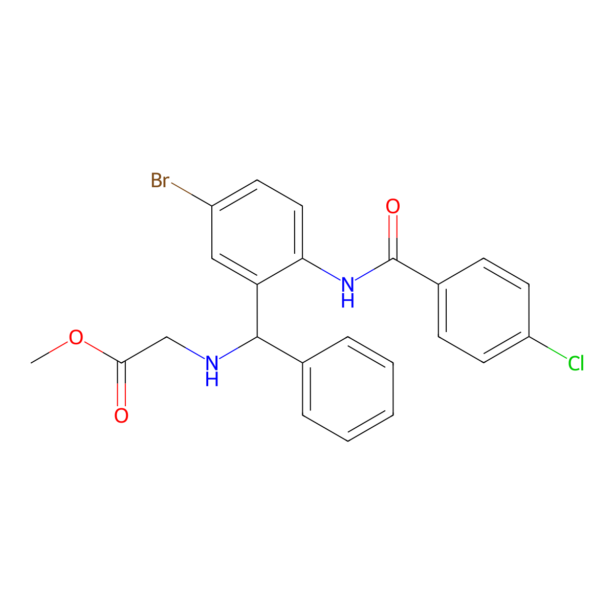 Methyl 2-[[[5-bromo-2-[(4-chlorobenzoyl)amino]phenyl]-phenylmethyl]amino]acetate molecular structure, CAS 312734-22-8