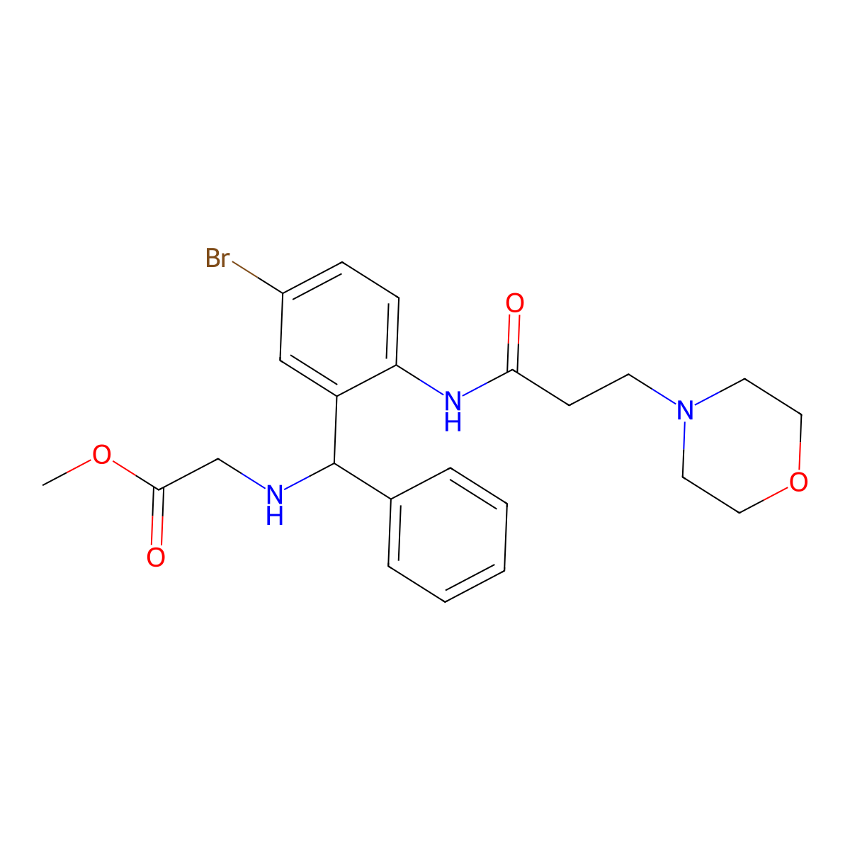 Methyl 2-(((5-bromo-2-(3-morpholinopropanamido)phenyl)(phenyl)methyl)amino)acetate molecular structure, CAS 312734-23-9