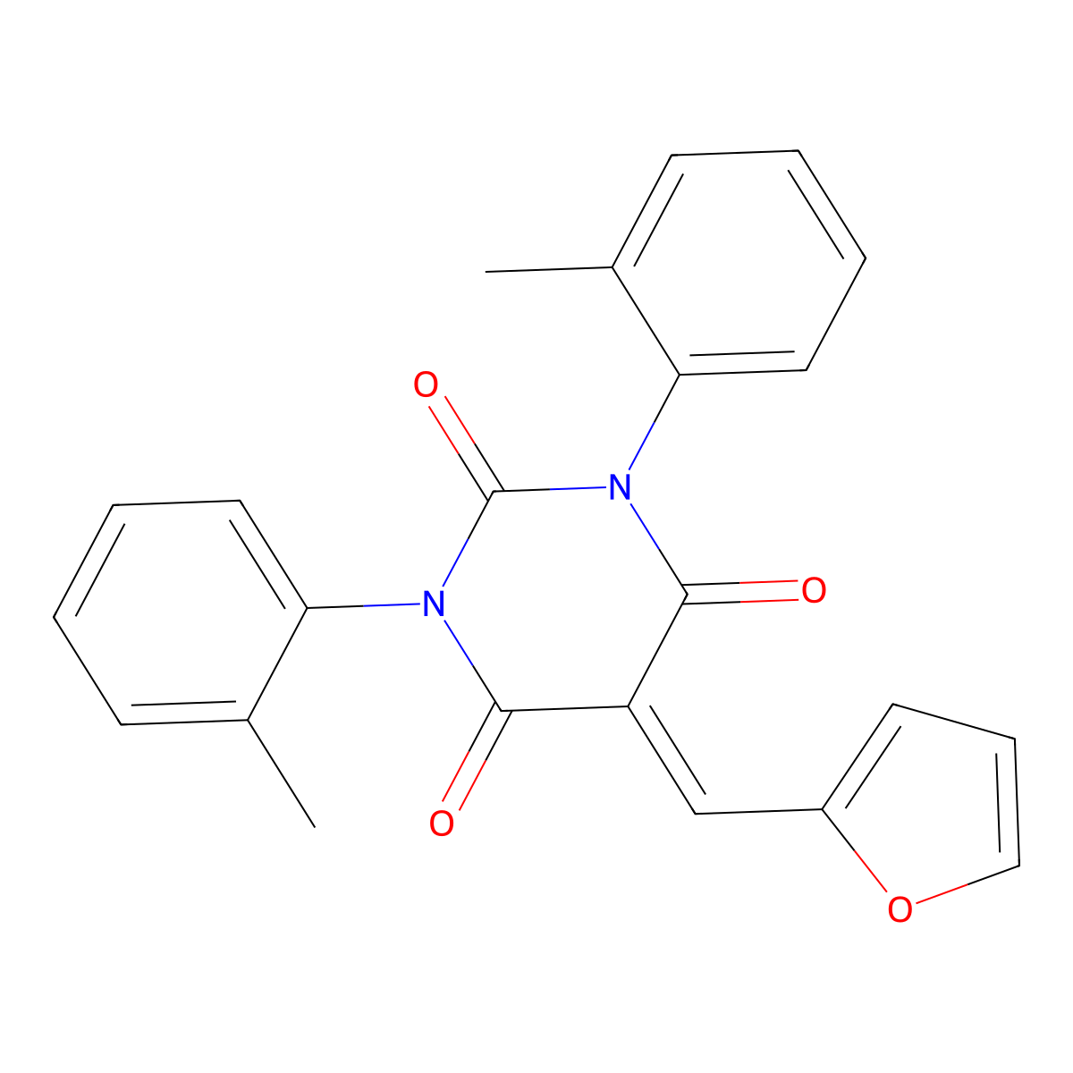 5-(2-furylmethylene)-1,3-bis(2-methylphenyl)-2,4,6(1H,3H,5H)-pyrimidinetrione molecular structure, CAS 312743-14-9
