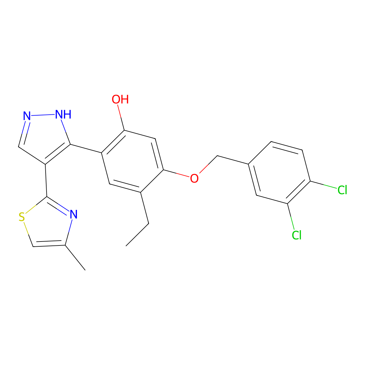5-[(3,4-dichlorobenzyl)oxy]-4-ethyl-2-[4-(4-methyl-1,3-thiazol-2-yl)-1H-pyrazol-3-yl]phenol molecular structure, CAS 312746-07-9