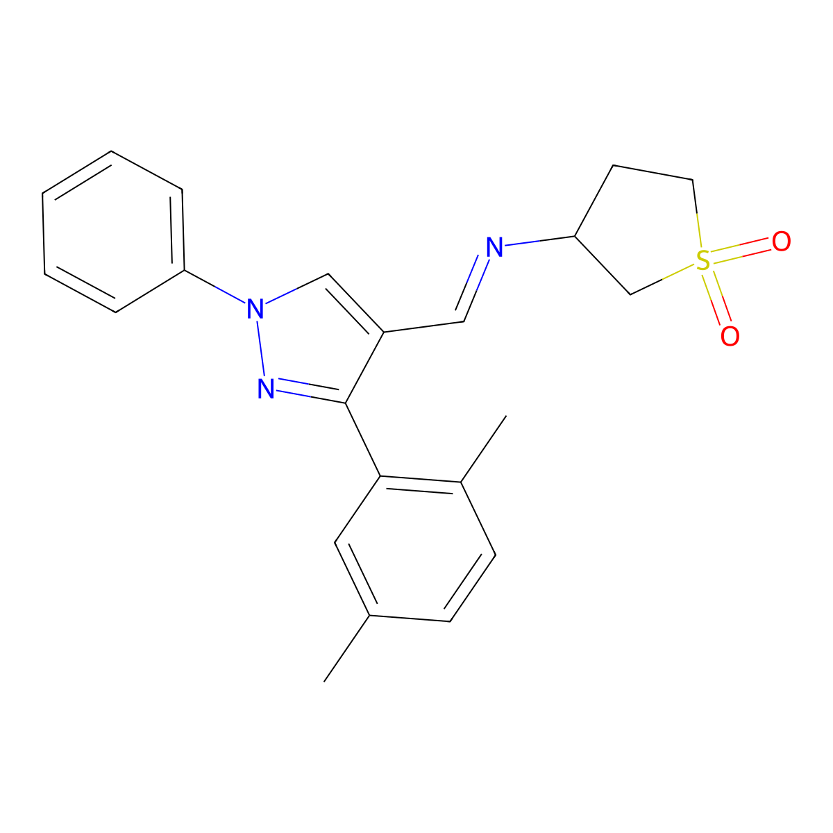 N-{(E)-[3-(2,5-dimethylphenyl)-1-phenyl-1H-pyrazol-4-yl]methylidene}tetrahydrothiophen-3-amine 1,1-dioxide molecular structure, CAS 312746-10-4