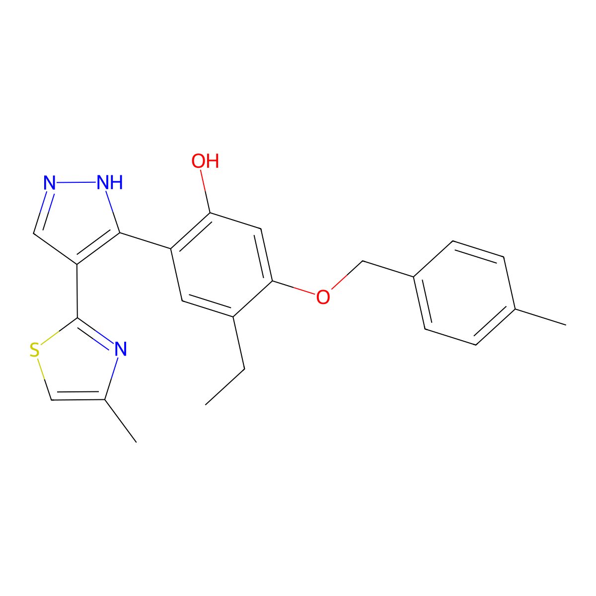 4-ethyl-5-[(4-methylbenzyl)oxy]-2-[4-(4-methyl-1,3-thiazol-2-yl)-1H-pyrazol-3-yl]phenol molecular structure, CAS 312746-17-1