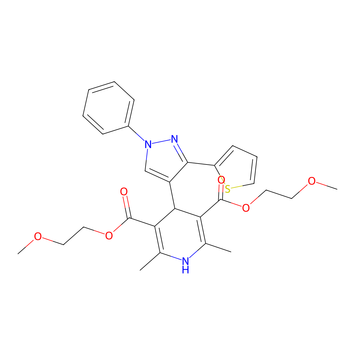 bis(2-methoxyethyl) 2,6-dimethyl-4-[1-phenyl-3-(2-thienyl)-1H-pyrazol-4-yl]-1,4-dihydro-3,5-pyridinedicarboxylate molecular structure, CAS 312746-35-3