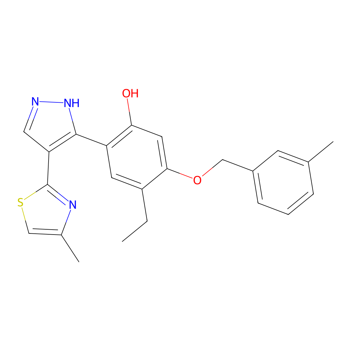 4-ethyl-5-[(3-methylbenzyl)oxy]-2-[4-(4-methyl-1,3-thiazol-2-yl)-1H-pyrazol-3-yl]phenol molecular structure, CAS 312746-40-0