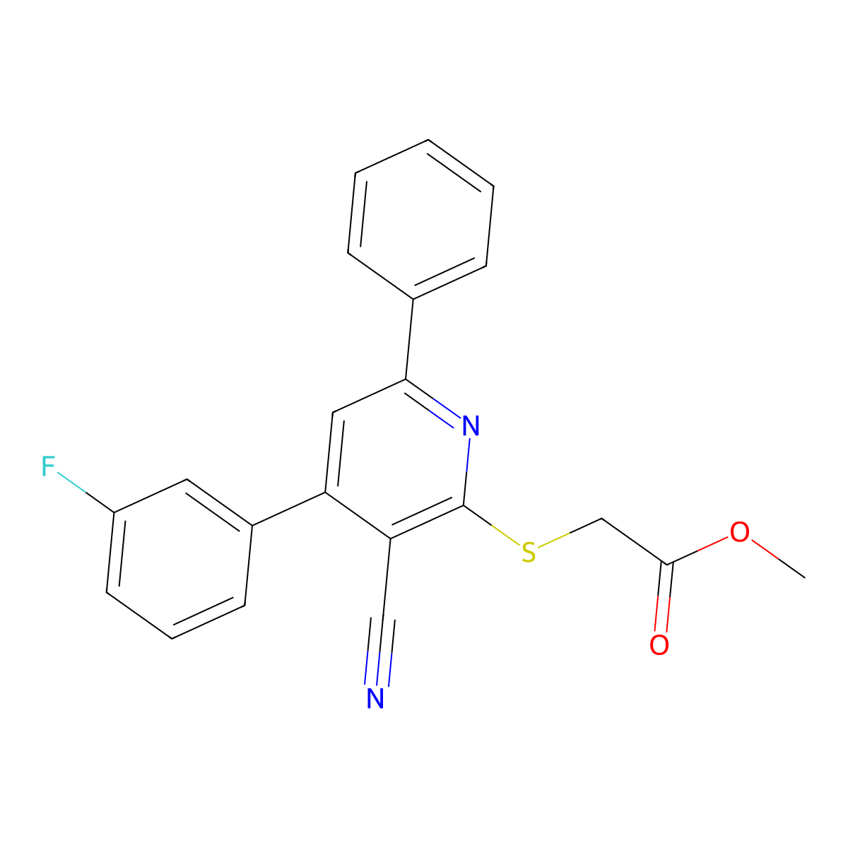 Methyl {[3-cyano-4-(3-fluorophenyl)-6-phenyl-2-pyridinyl]sulfanyl}acetate molecular structure, CAS 312750-37-1