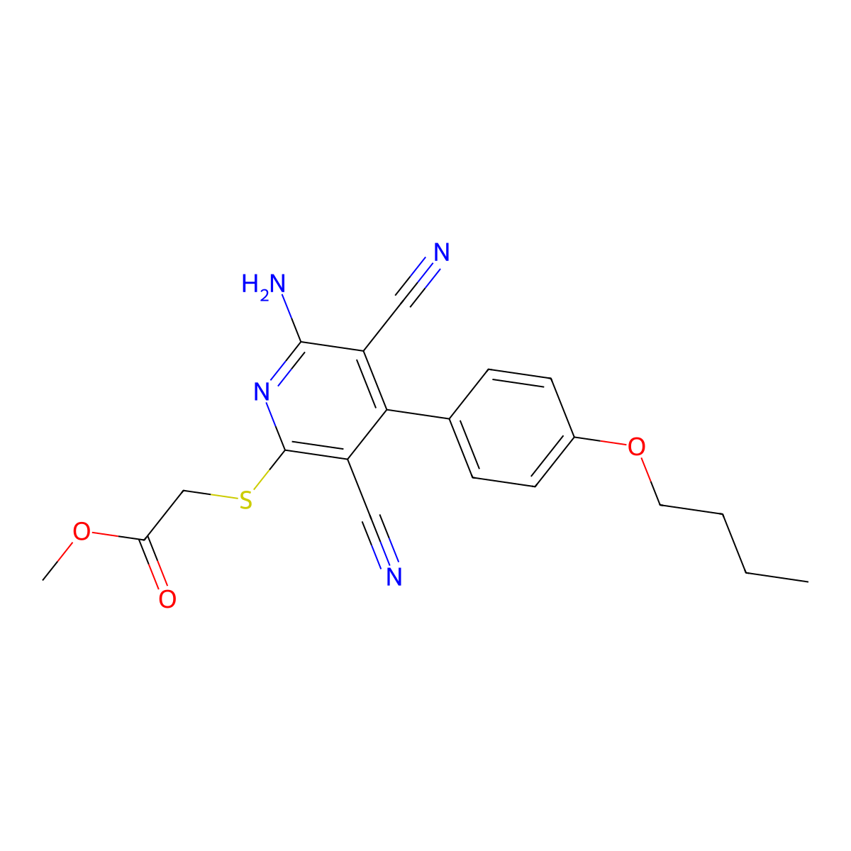 Methyl {[6-amino-4-(4-butoxyphenyl)-3,5-dicyanopyridin-2-yl]sulfanyl}acetate molecular structure, CAS 312757-94-1