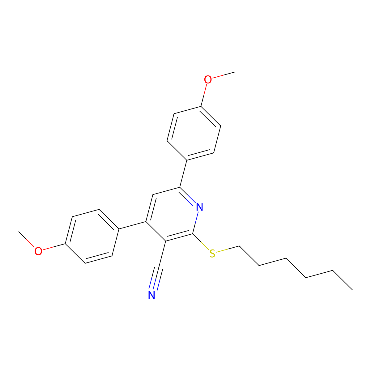 2-Hexylsulfanyl-4,6-bis(4-methoxyphenyl)pyridine-3-carbonitrile molecular structure, CAS 312758-07-9