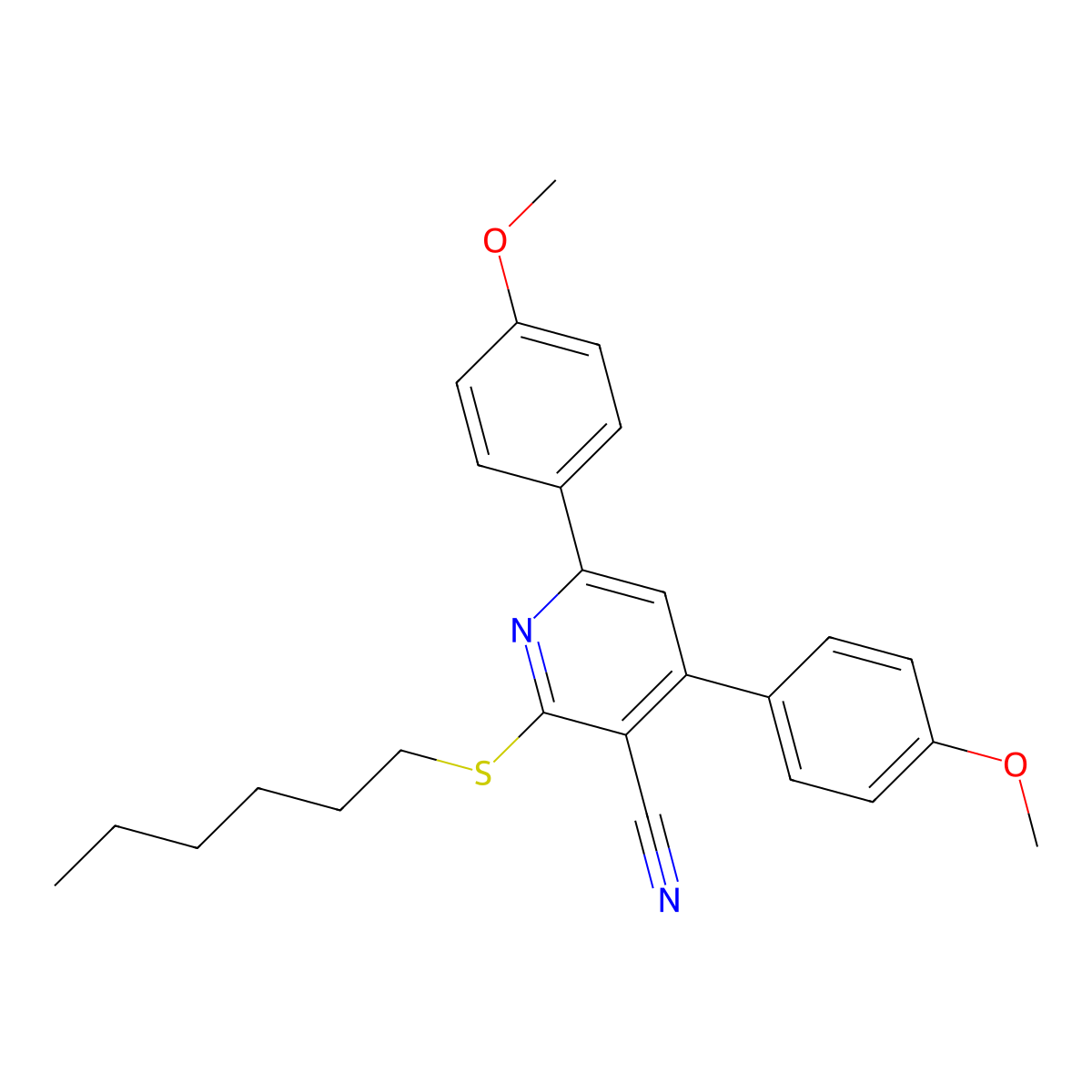 2-Hexylsulfanyl-4,6-bis(4-methoxyphenyl)pyridine-3-carbonitrile molecular structure, CAS 312758-07-9