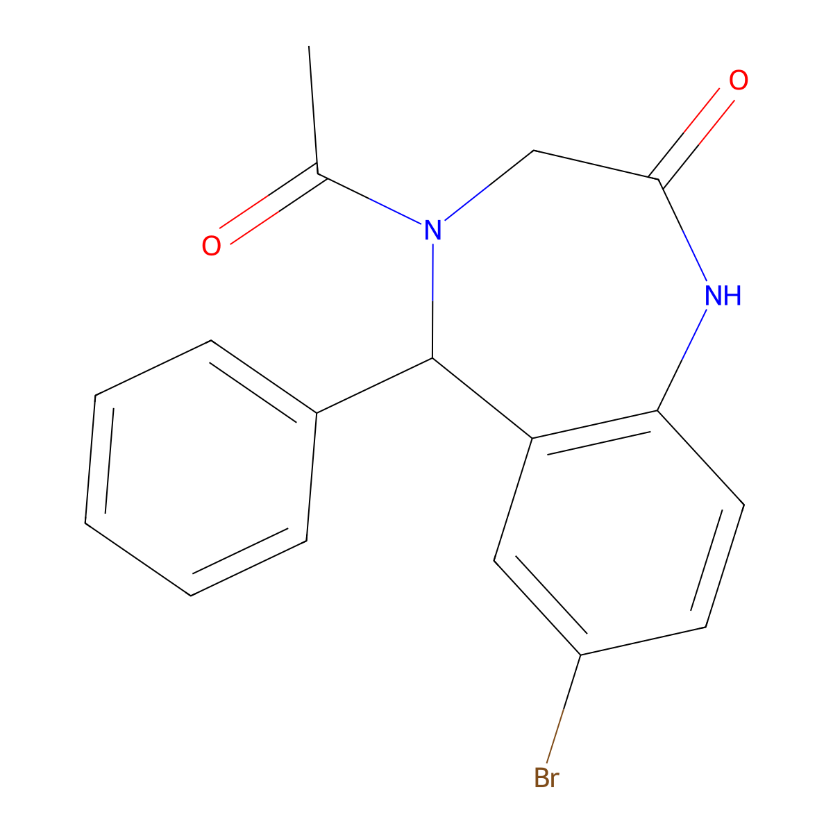 4-acetyl-7-bromo-5-phenyl-1,3,4,5-tetrahydro-2H-1,4-benzodiazepin-2-one molecular structure, CAS 312758-72-8