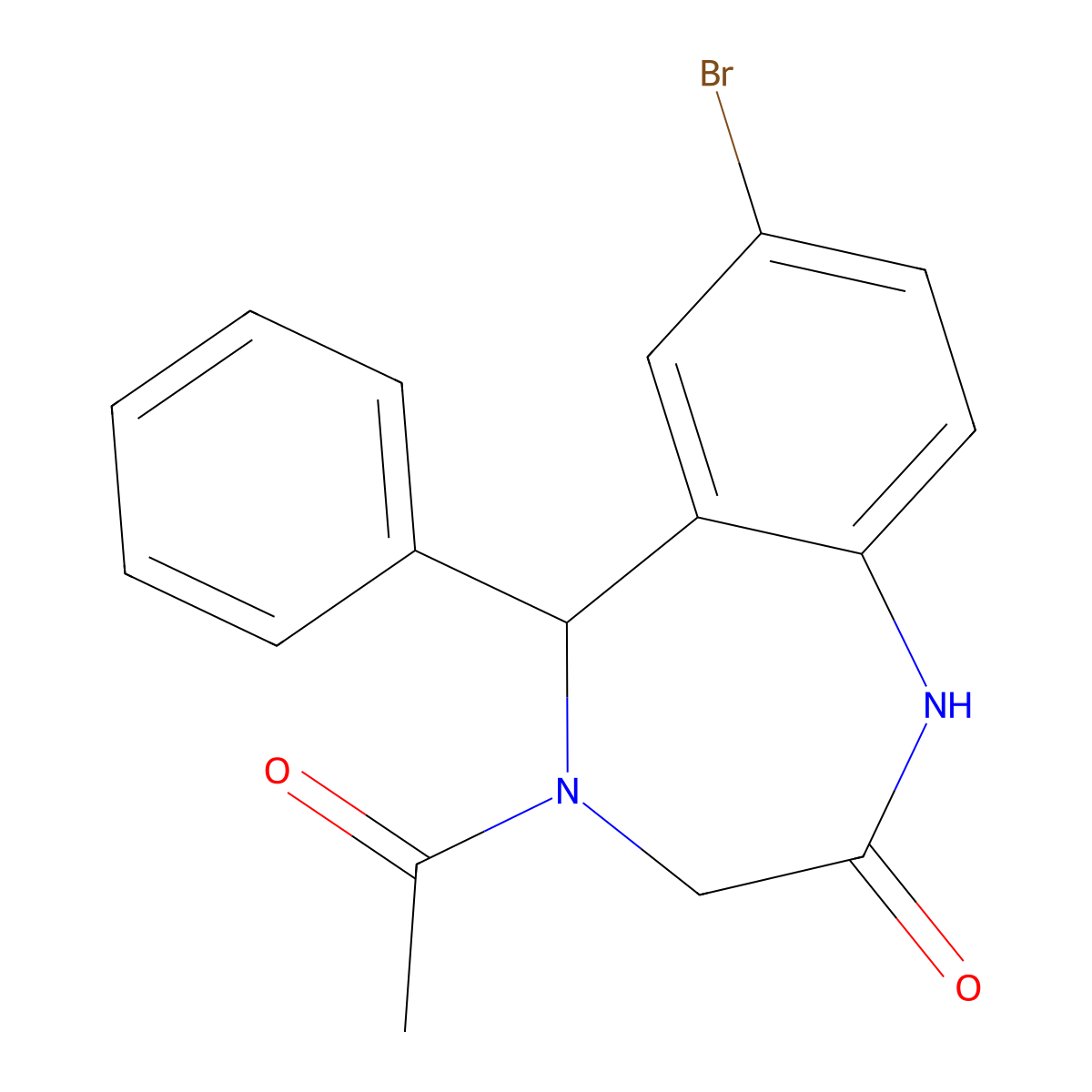 4-acetyl-7-bromo-5-phenyl-1,3,4,5-tetrahydro-2H-1,4-benzodiazepin-2-one molecular structure, CAS 312758-72-8