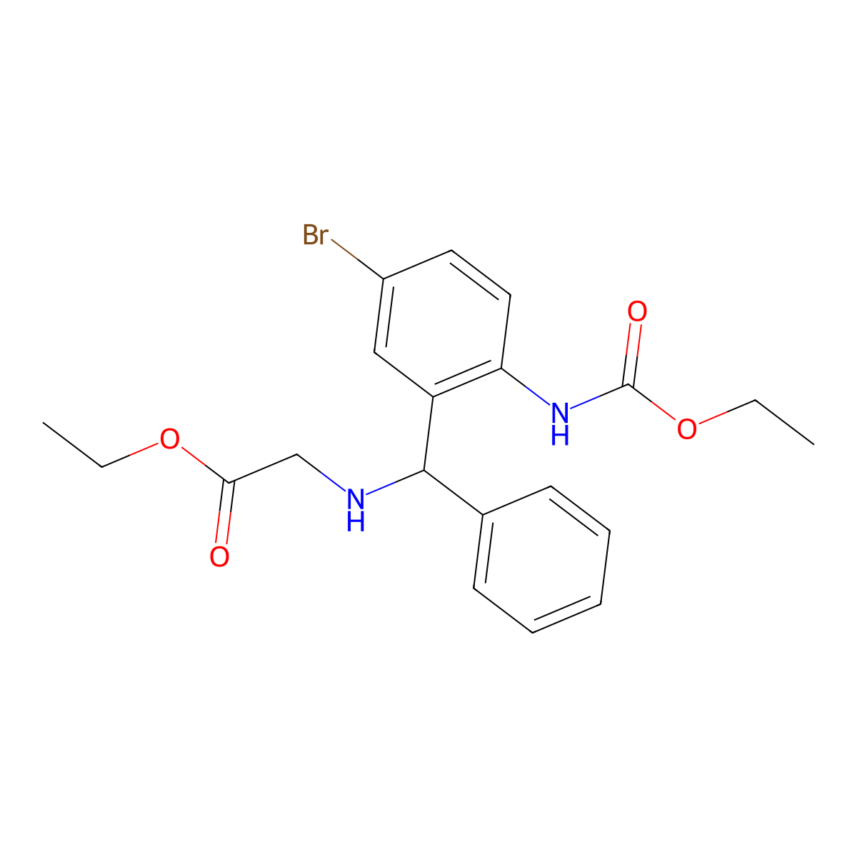 Ethyl 2-(((5-bromo-2-((ethoxycarbonyl)amino)phenyl)(phenyl)methyl)amino)acetate molecular structure, CAS 312758-76-2