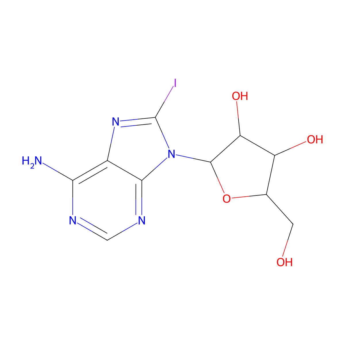 (2R,3R,4S,5R)-2-(6-amino-8-iodo-9H-purin-9-yl)-5-(hydroxymethyl)tetrahydrofuran-3,4-diol molecular structure, CAS 31281-88-6
