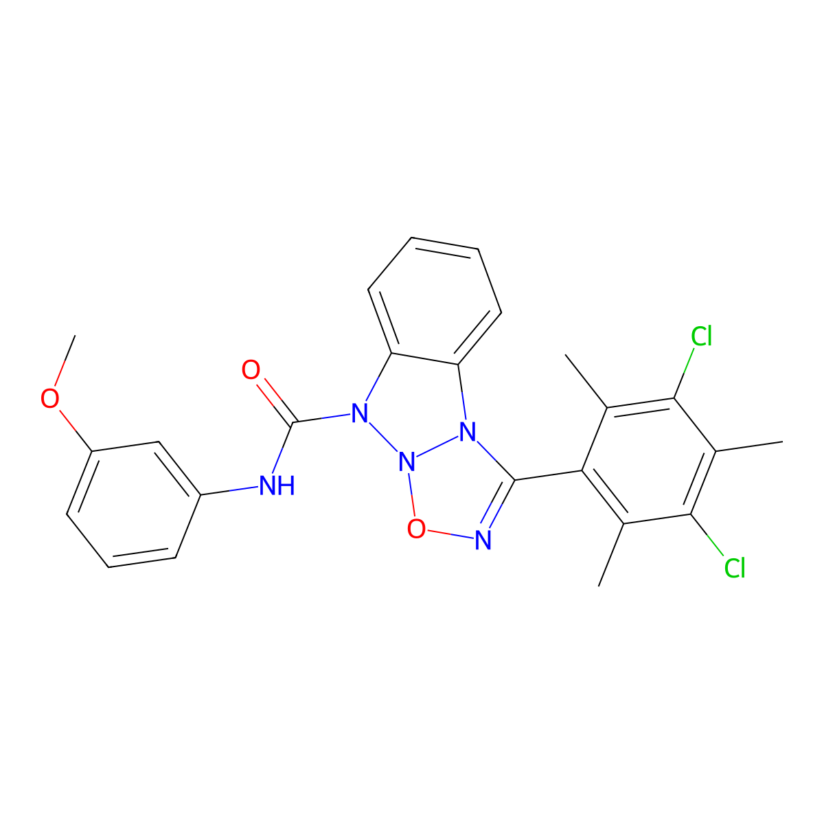 3-(3,5-dichloro-2,4,6-trimethylphenyl)-N-(3-methoxyphenyl)-9H-benzo[4,5][1,2,3]triazolo[2,1-b][1,2,3,5]oxatriazole-9-carboxamide molecular structure, CAS 312914-70-8