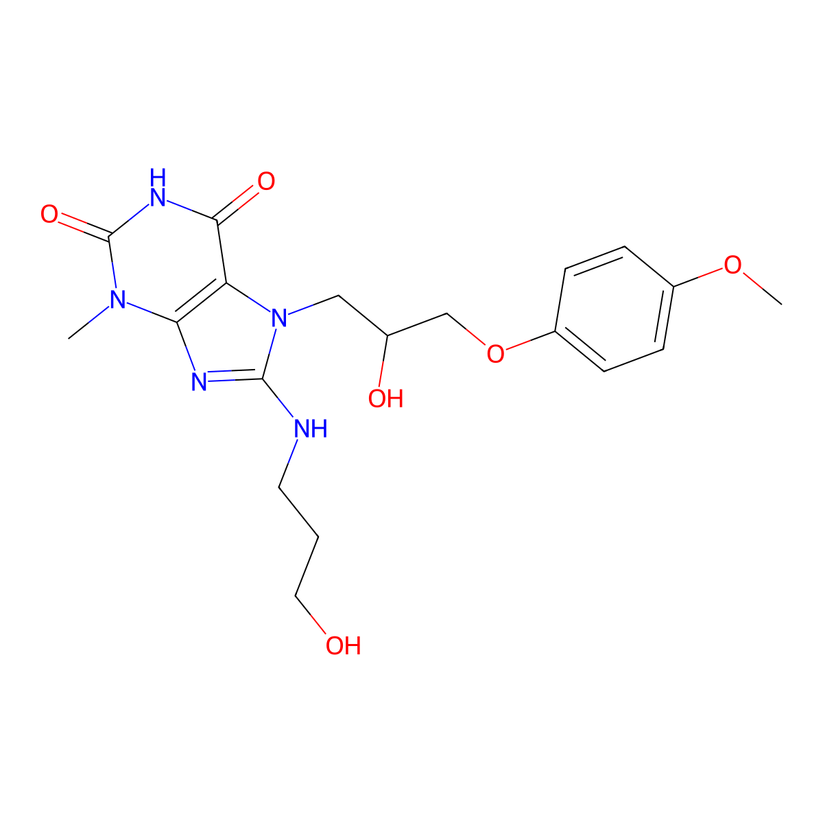 7-[2-Hydroxy-3-(4-methoxyphenoxy)propyl]-8-(3-hydroxypropylamino)-3-methylpurine-2,6-dione molecular structure, CAS 312915-46-1