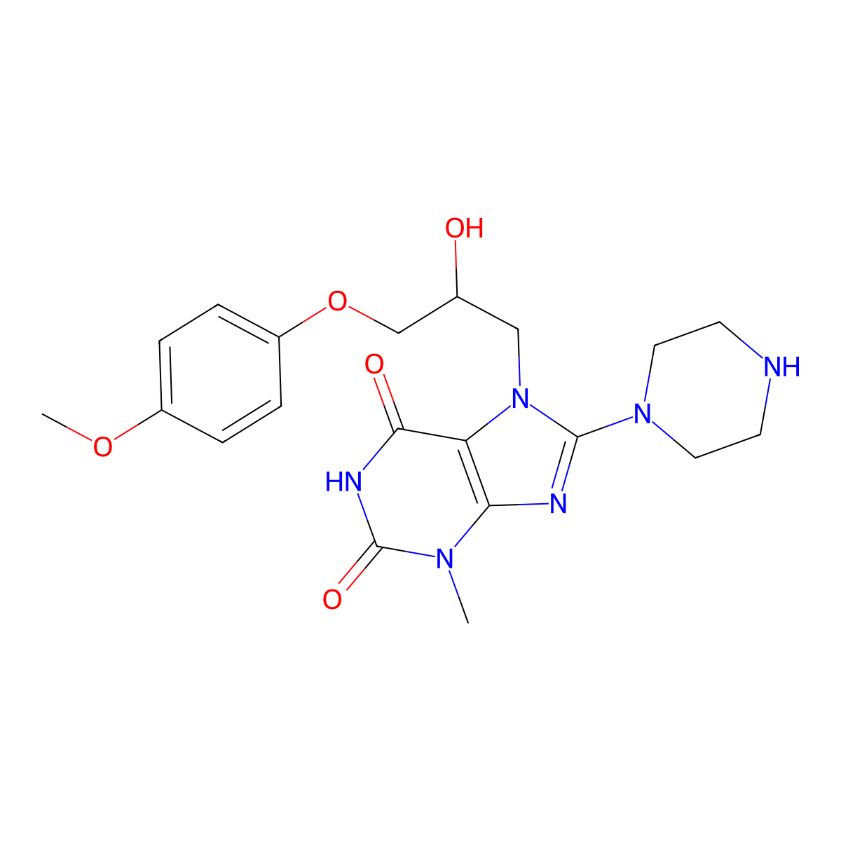 7-[2-Hydroxy-3-(4-methoxyphenoxy)propyl]-3-methyl-8-piperazin-1-ylpurine-2,6-dione molecular structure, CAS 312915-48-3