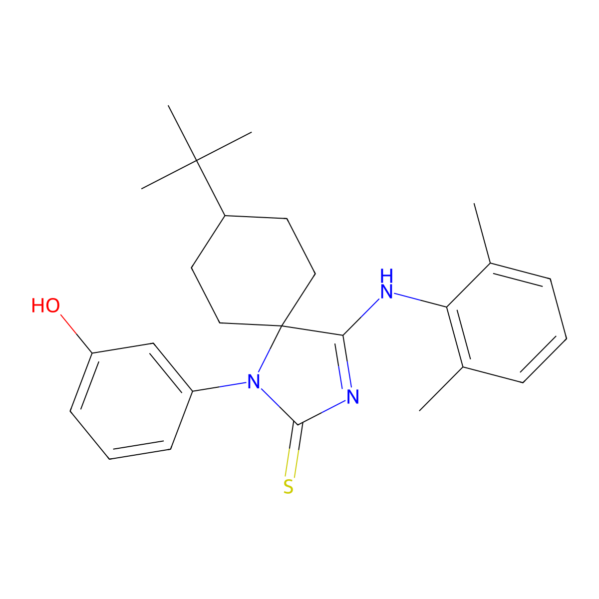 (Z)-8-(tert-butyl)-4-((2,6-dimethylphenyl)imino)-1-(3-hydroxyphenyl)-1,3-diazaspiro[4.5]decane-2-thione molecular structure, CAS 312915-61-0