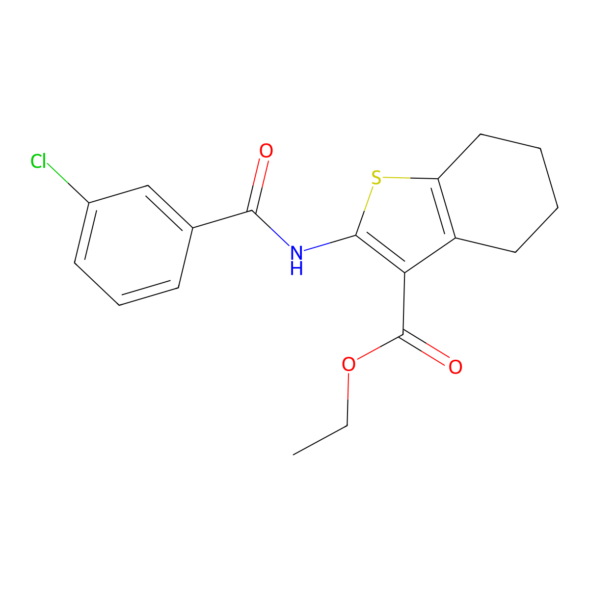 Ethyl 2-{[(3-chlorophenyl)carbonyl]amino}-4,5,6,7-tetrahydro-1-benzothiophene-3-carboxylate molecular structure, CAS 312917-34-3