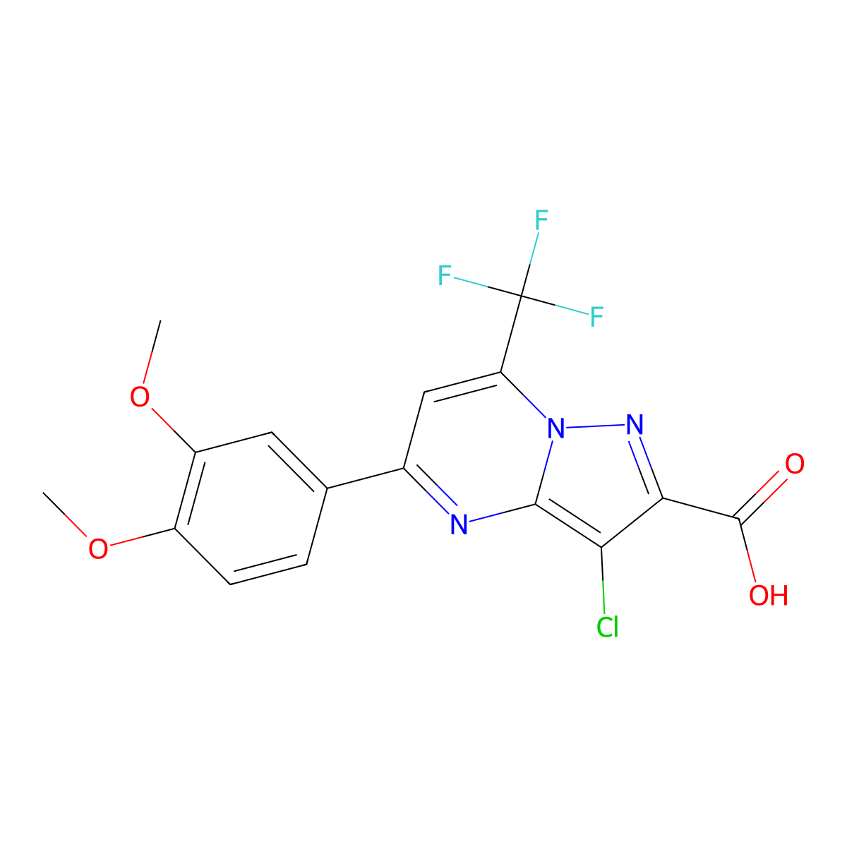 3-Chloro-5-(3,4-dimethoxyphenyl)-7-(trifluoromethyl)pyrazolo[1,5-a]pyrimidine-2-carboxylic acid molecular structure, CAS 312922-10-4