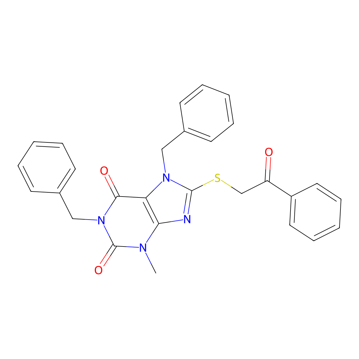 1,7-dibenzyl-3-methyl-8-[(2-oxo-2-phenylethyl)sulfanyl]-3,7-dihydro-1H-purine-2,6-dione molecular structure, CAS 312924-05-3