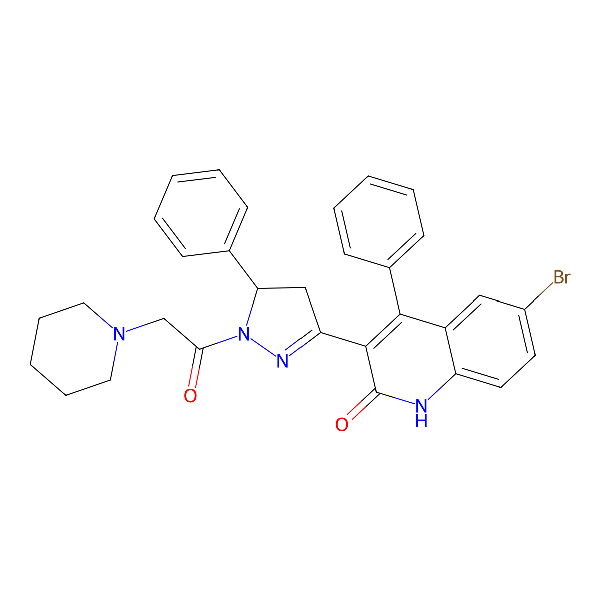 6-bromo-4-phenyl-3-(5-phenyl-1-(2-(piperidin-1-yl)acetyl)-4,5-dihydro-1H-pyrazol-3-yl)quinolin-2(1H)-one molecular structure, CAS 312925-68-1