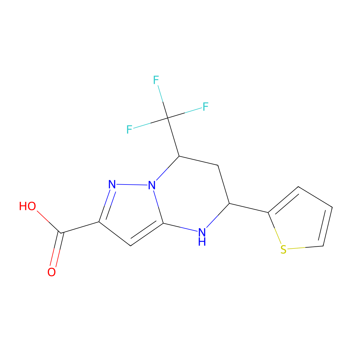 5-(Thiophen-2-yl)-7-(trifluoromethyl)-4,5,6,7-tetrahydropyrazolo[1,5-a]pyrimidine-2-carboxylic acid molecular structure, CAS 312935-04-9