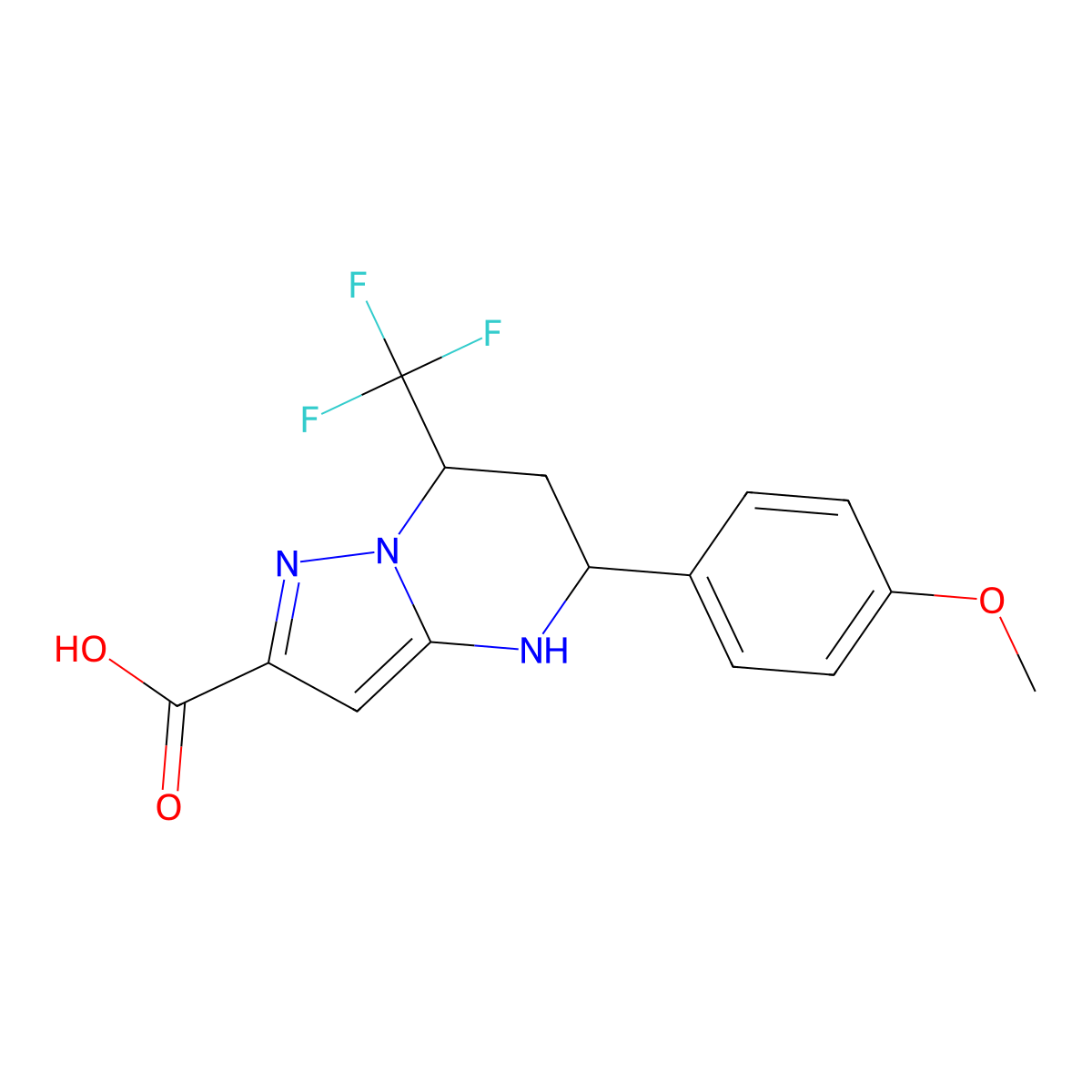 4,5,6,7-Tetrahydro-5-(4-methoxyphenyl)-7-(trifluoromethyl)pyrazolo[1,5-a]pyrimidine-2-carboxylic acid molecular structure, CAS 312935-05-0